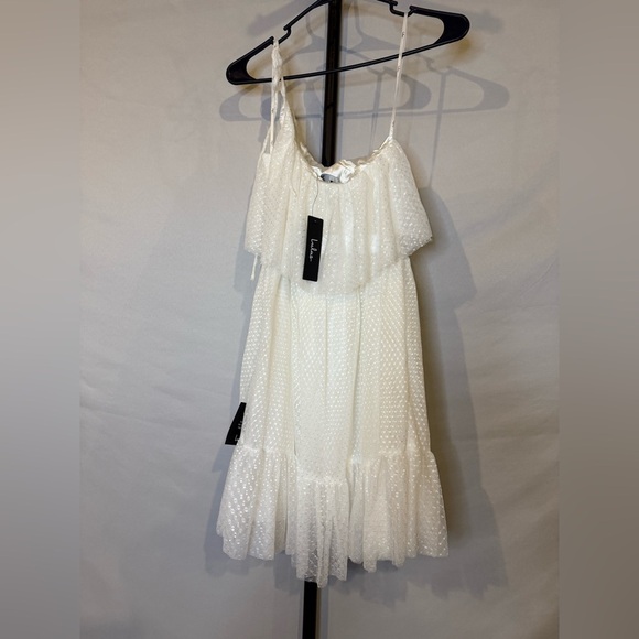 Lulus XS Adorable Event White Mesh One-Shoulder Swiss Dot Mini Dress - Picture 6 of 8